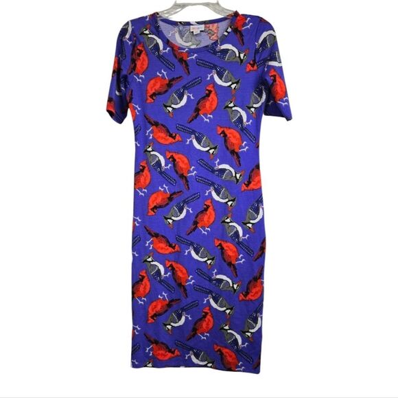 LuLaRoe NEW Red Cardinal Blue Jay Julia Purple Sheath Pencil Dress Bird Print - Picture 9 of 9